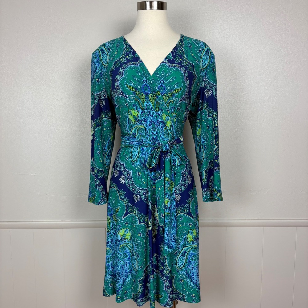 INC Midi Fit & Flare Dress Crossover Bodice Size L Paisley Blue‎ Green Colorful